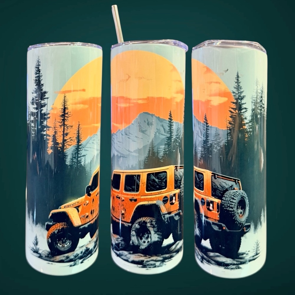 20oz Hot/cold Tumbler New Custom Made Jeep Mountain Theme plus bonus items